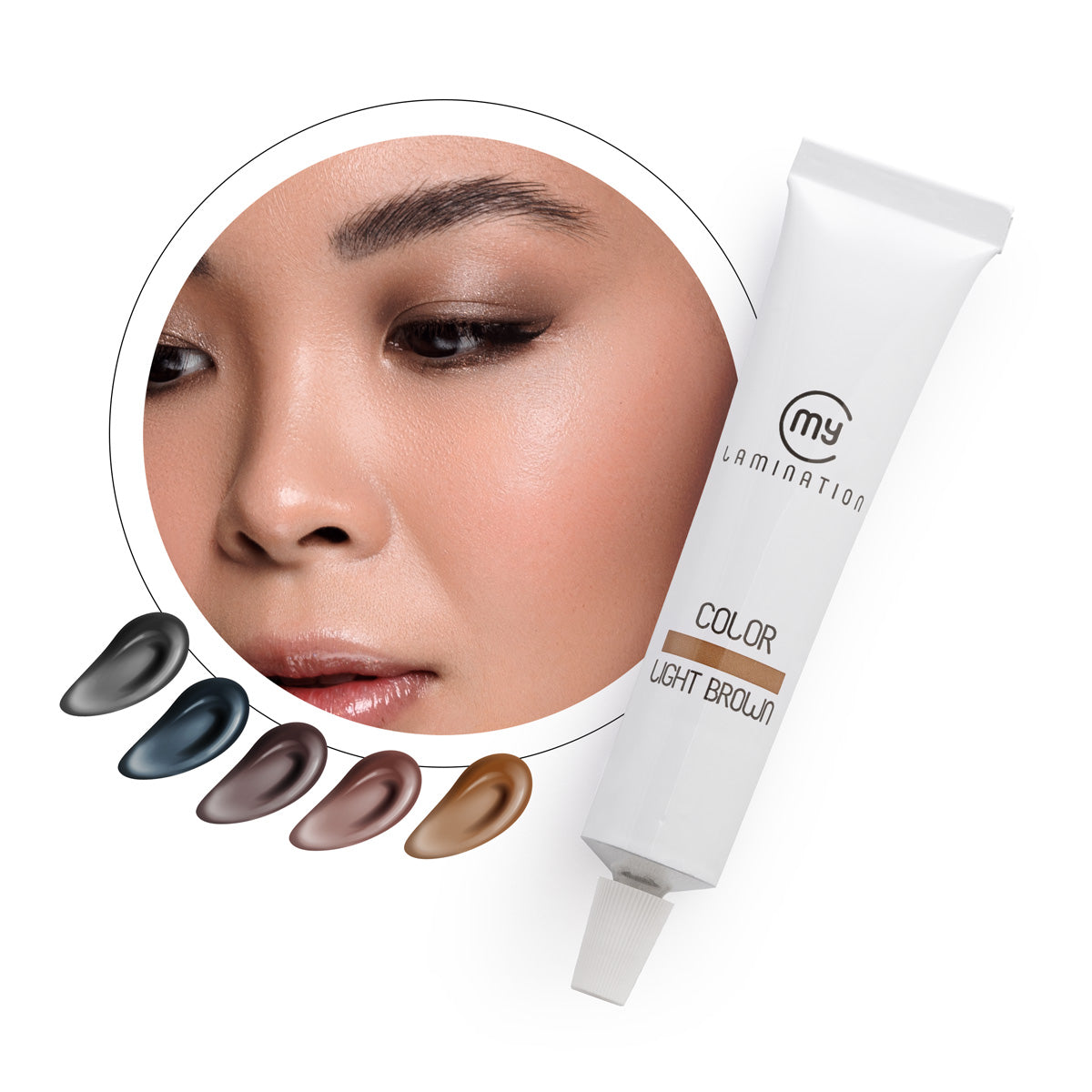 A 20ml tube of My Lamination Light Brown tint shown with five professional colour swatches ranging from Blue Black to Light Brown and a model with perfectly tinted brows.