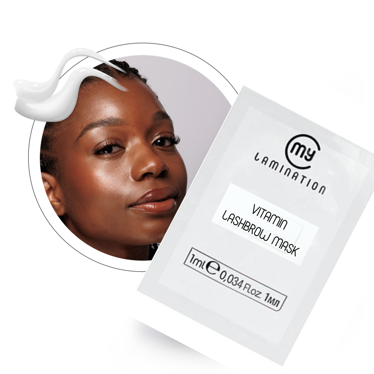A 1ml sachet of My Lamination Vitamin Lashbrow Mask next to a model with dense, glossy lashes and a creamy white texture swatch of the intensive vitamin-rich formula.