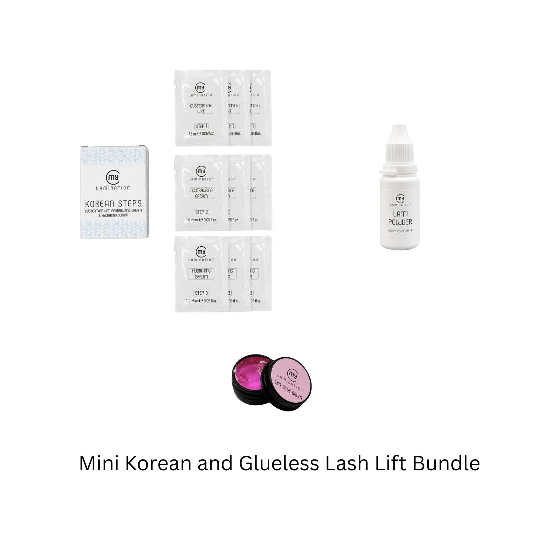 My Lamination Korean and Glueless Lash Lift Mini Bundle containing 9 cysteamine-based sachets, Lami Powder viscosity modifier, and Lash Lift Glue Balm.