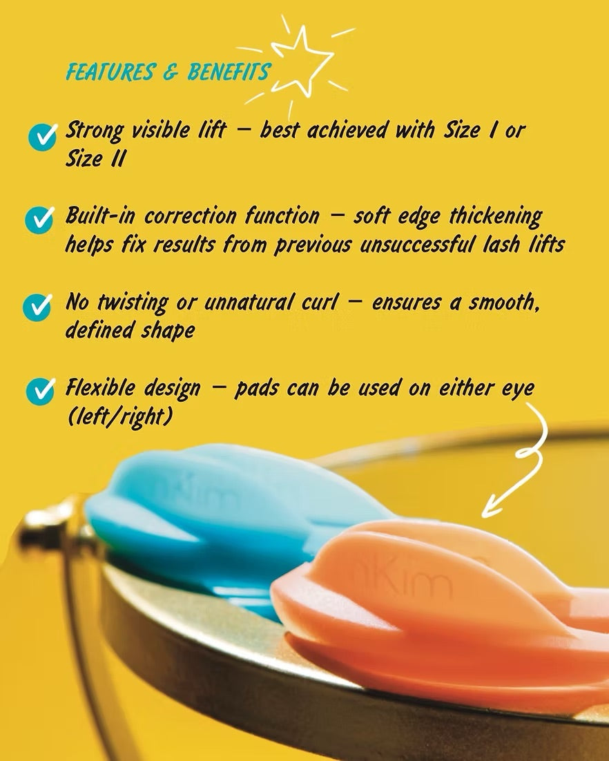 A four-pair set of nKim Ray Effect lash lift shields in light blue and orange, designed for deep-set and hooded eyes in professional Australian salons.