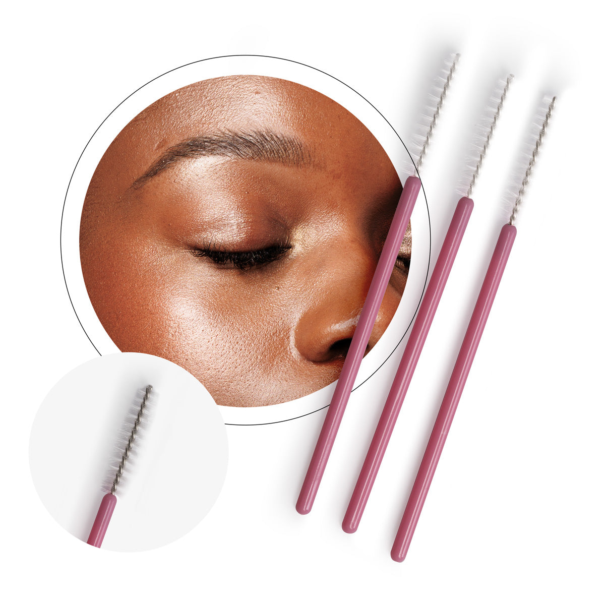 A pack of professional disposable mascara brushes with pink handles and high-density white bristles, shown alongside a model with perfectly groomed eyebrows.
