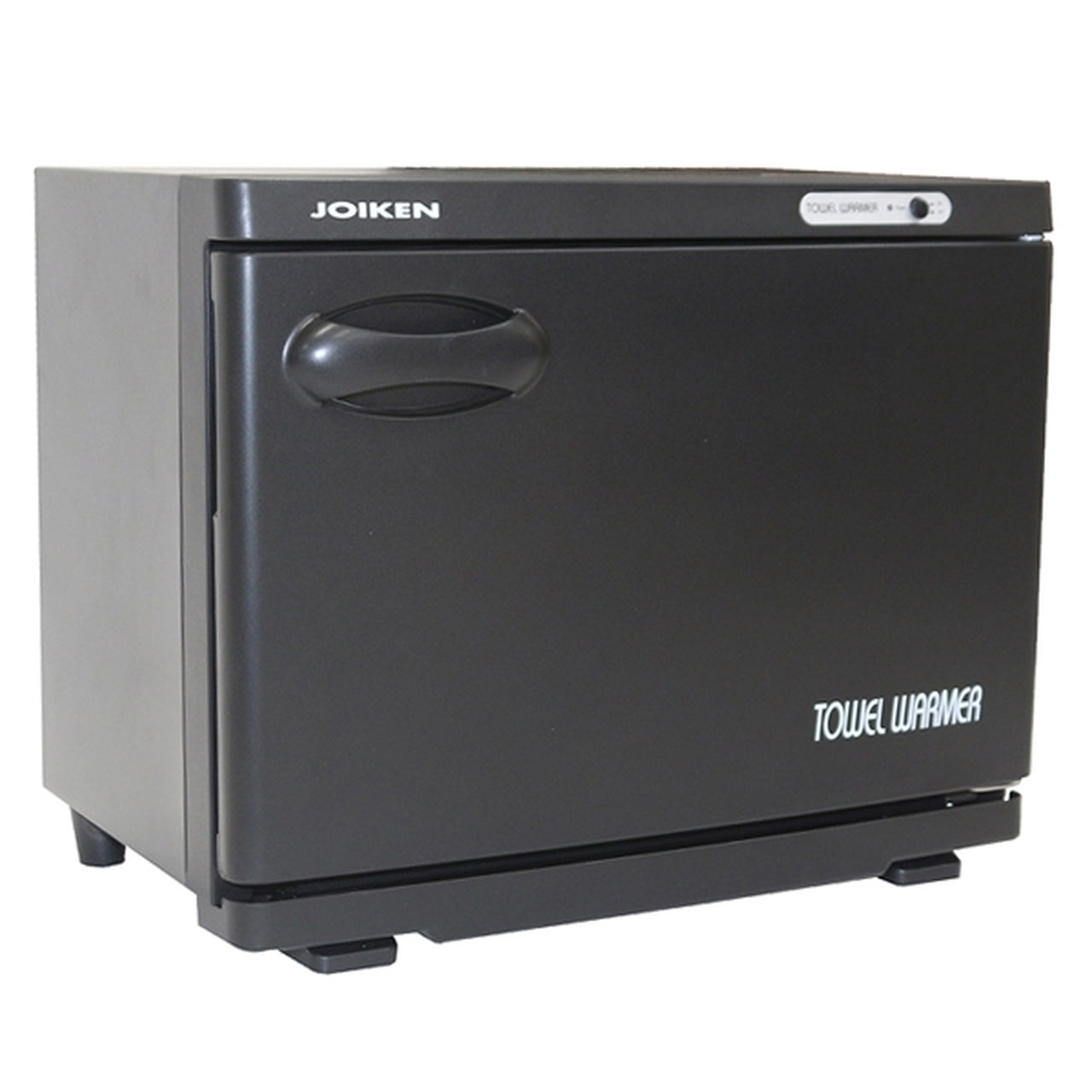The Joiken Hot Towel Cabinet features a compact matte black space-saver design, a robust front door handle, and removable internal towel grills.
