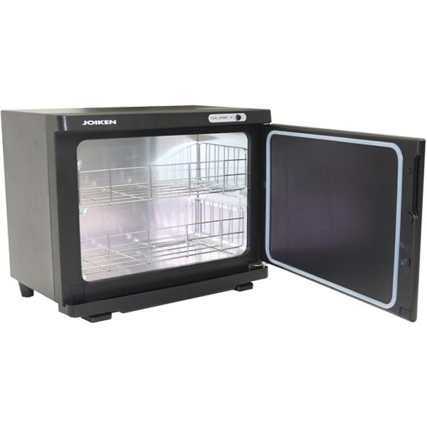 The Joiken Hot Towel Cabinet features a compact matte black space-saver design, a robust front door handle, and removable internal towel grills.
