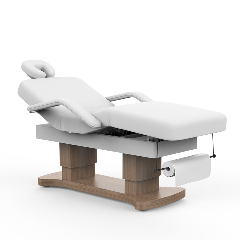Karma Bethels Beach full electric white beauty bed with 3 motors, timber dual-pillar base, and integrated heating blanket for professional salon treatments.