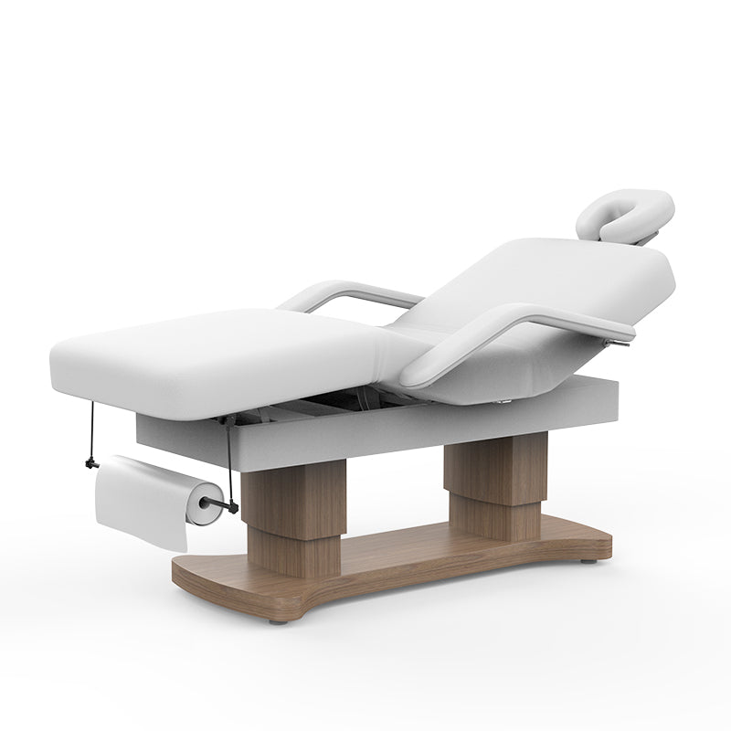 Karma Bethels Beach full electric white beauty bed with 3 motors, timber dual-pillar base, and integrated heating blanket for professional salon treatments.