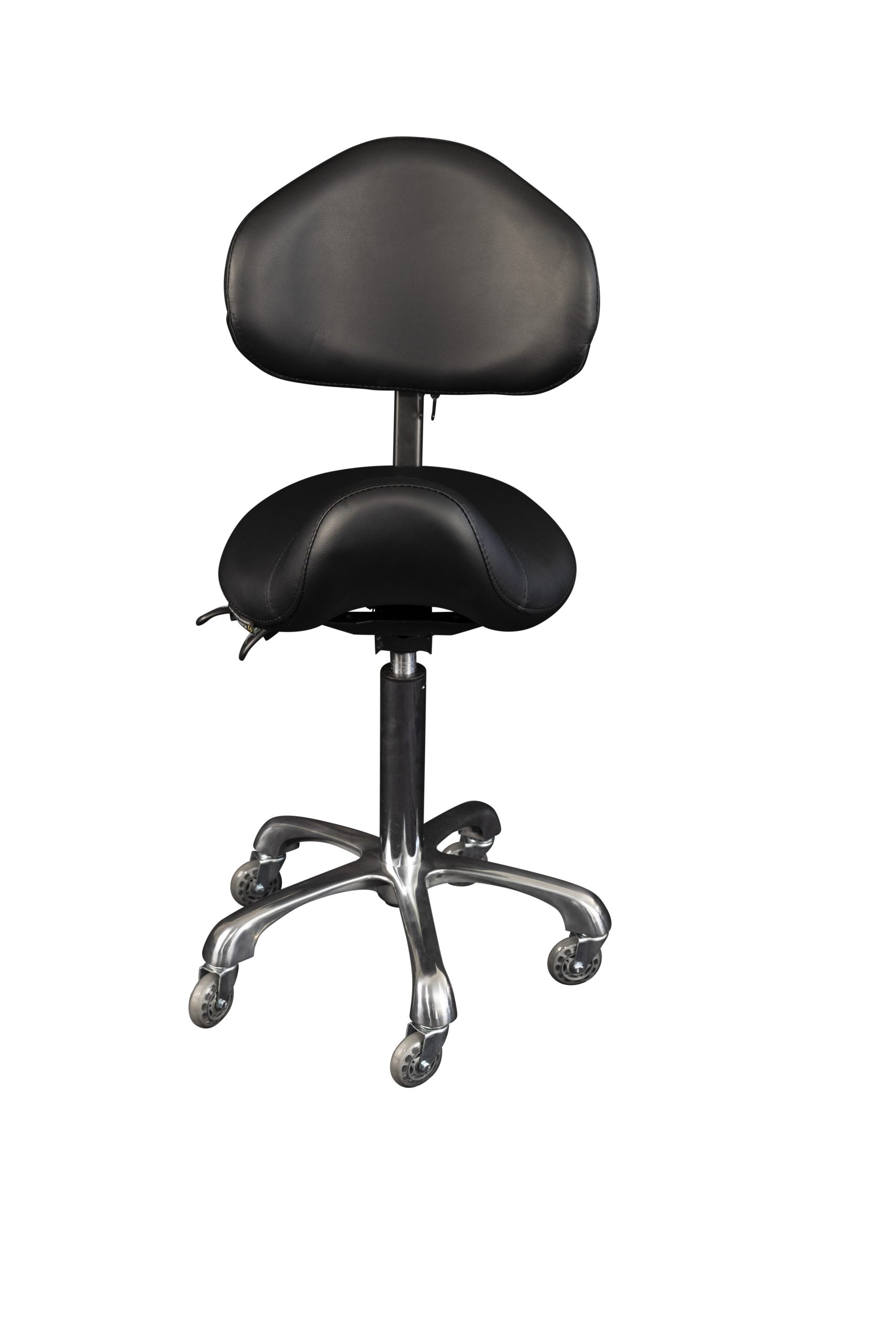 The Karma Cradle Mountain Saddle Stool features a black ergonomic saddle seat, adjustable backrest, and a polished aluminium 5-star base with hair-free rollerblade wheels.