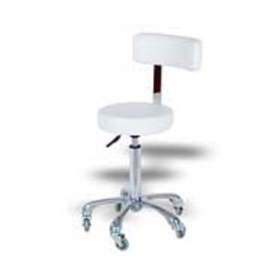 The Karma Hobart Professional Salon Stool features a white round cushioned seat, lumbar backrest, and a polished aluminium base with specialized hair-free rollerblade wheels.