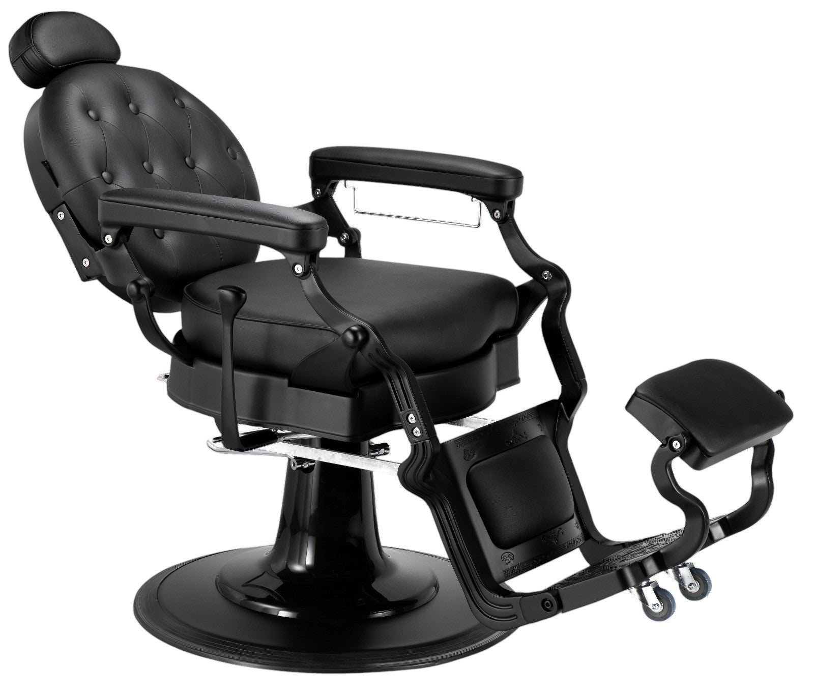 The Karma Mackay Barber Chair  features a vintage tufted black leatherette seat, gold heavy-duty frame, and a reclining backrest with adjustable headrest.