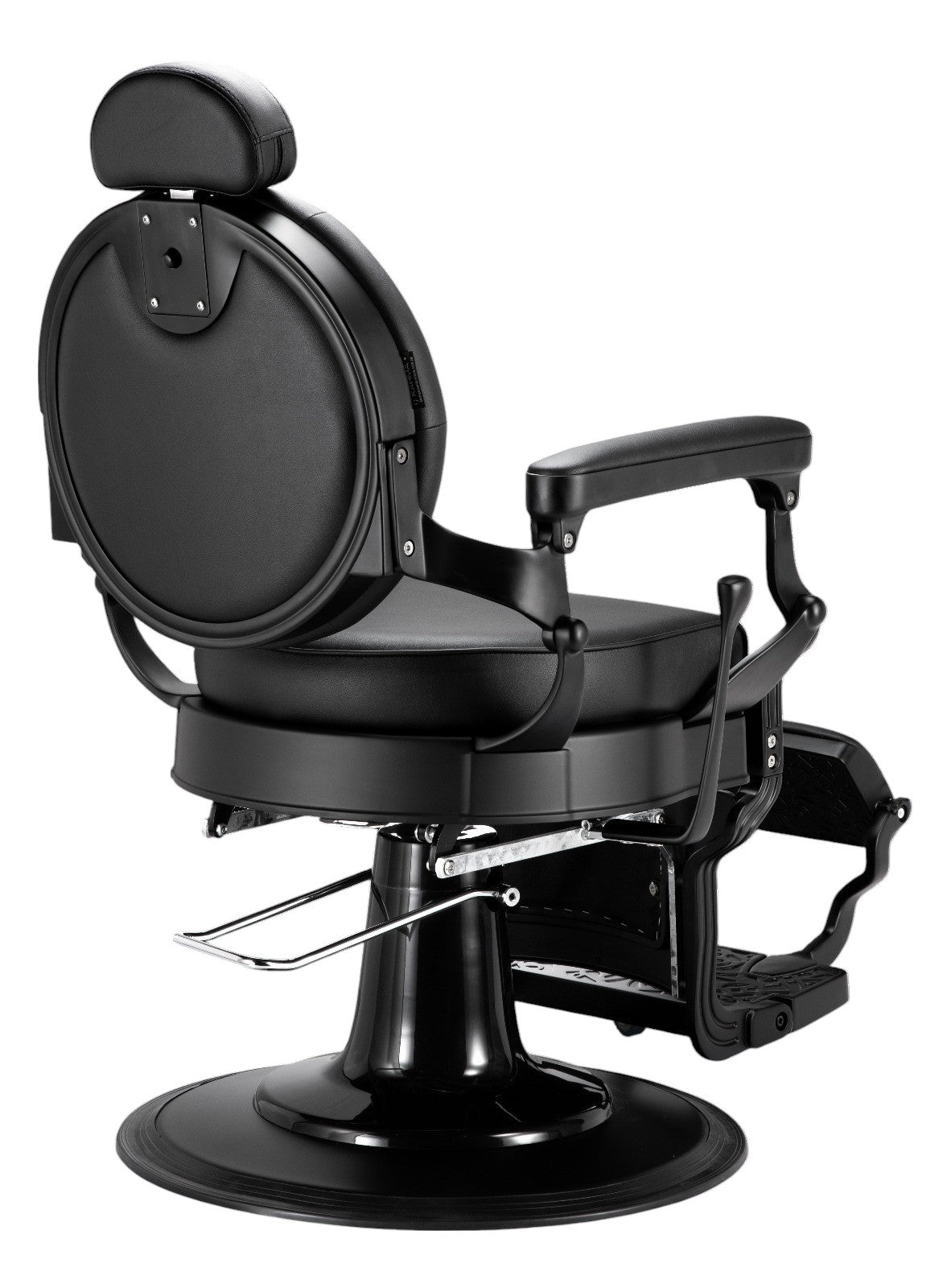 The Karma Mackay Barber Chair features a vintage tufted matte black leatherette finish with a heavy-duty hydraulic base and reclining backrest.