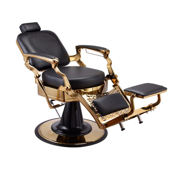 The Karma Noosa is a luxury black and gold barber chair featuring intricate metalwork, reclining backrest, and heavy-duty hydraulic lift.