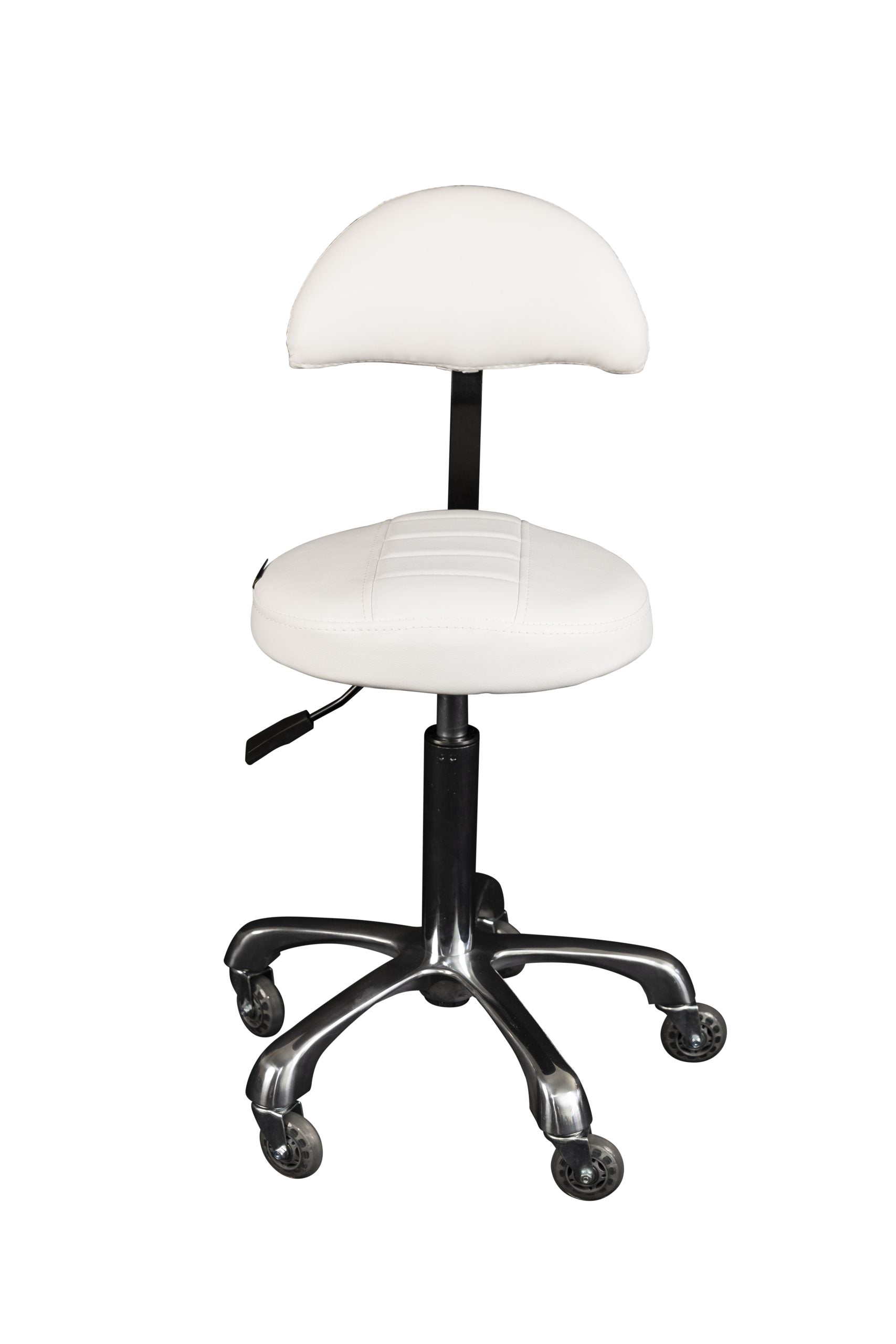 The Karma South Burnie is a professional white ergonomic salon stool with a raised-centre seat, lumbar backrest, and a polished aluminium base with rollerblade wheels.