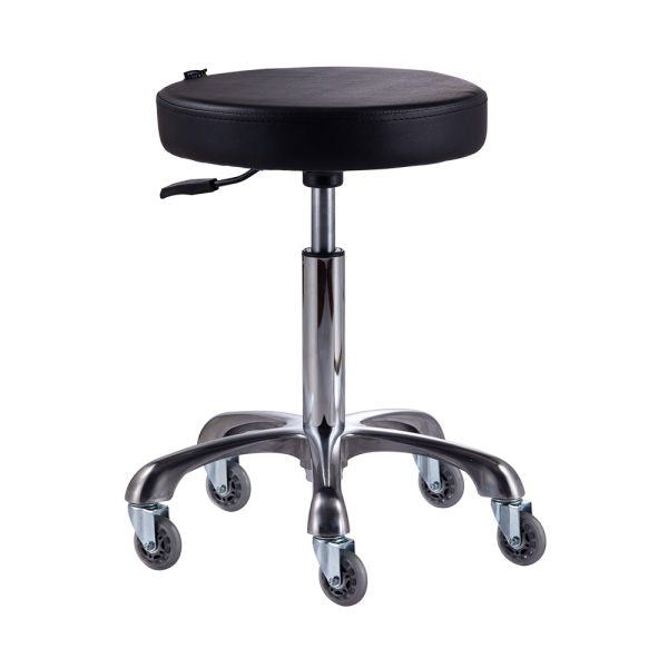The Karma St Helens is a professional tan round cutting stool featuring a polished aluminium base and specialised hair-free rubber rollerblade wheels.
