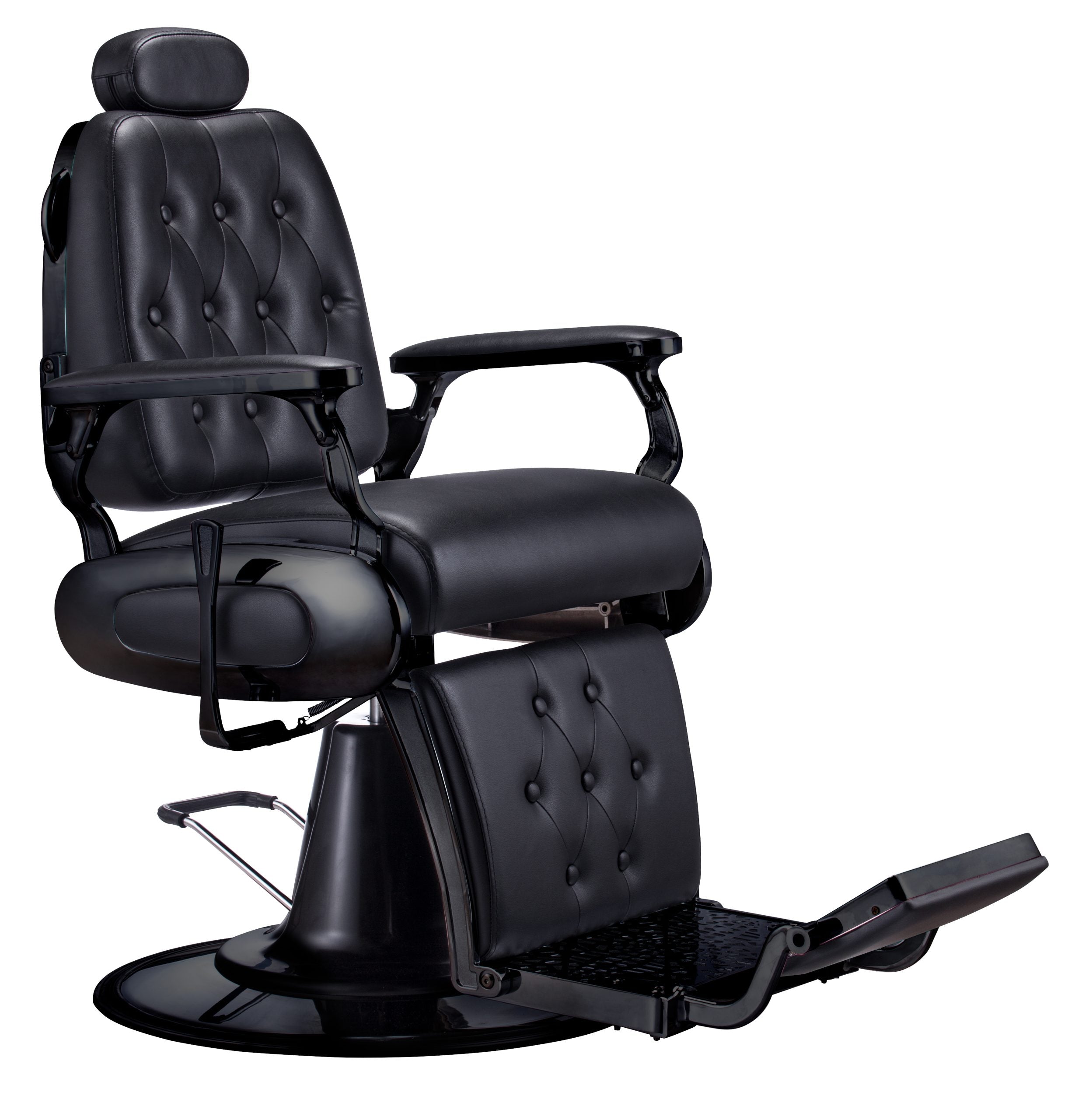 The Karma Airlie Beach Barber Chair is a classic black reclining chair with a heavy-duty hydraulic base, tufted upholstery, and an adjustable headrest.