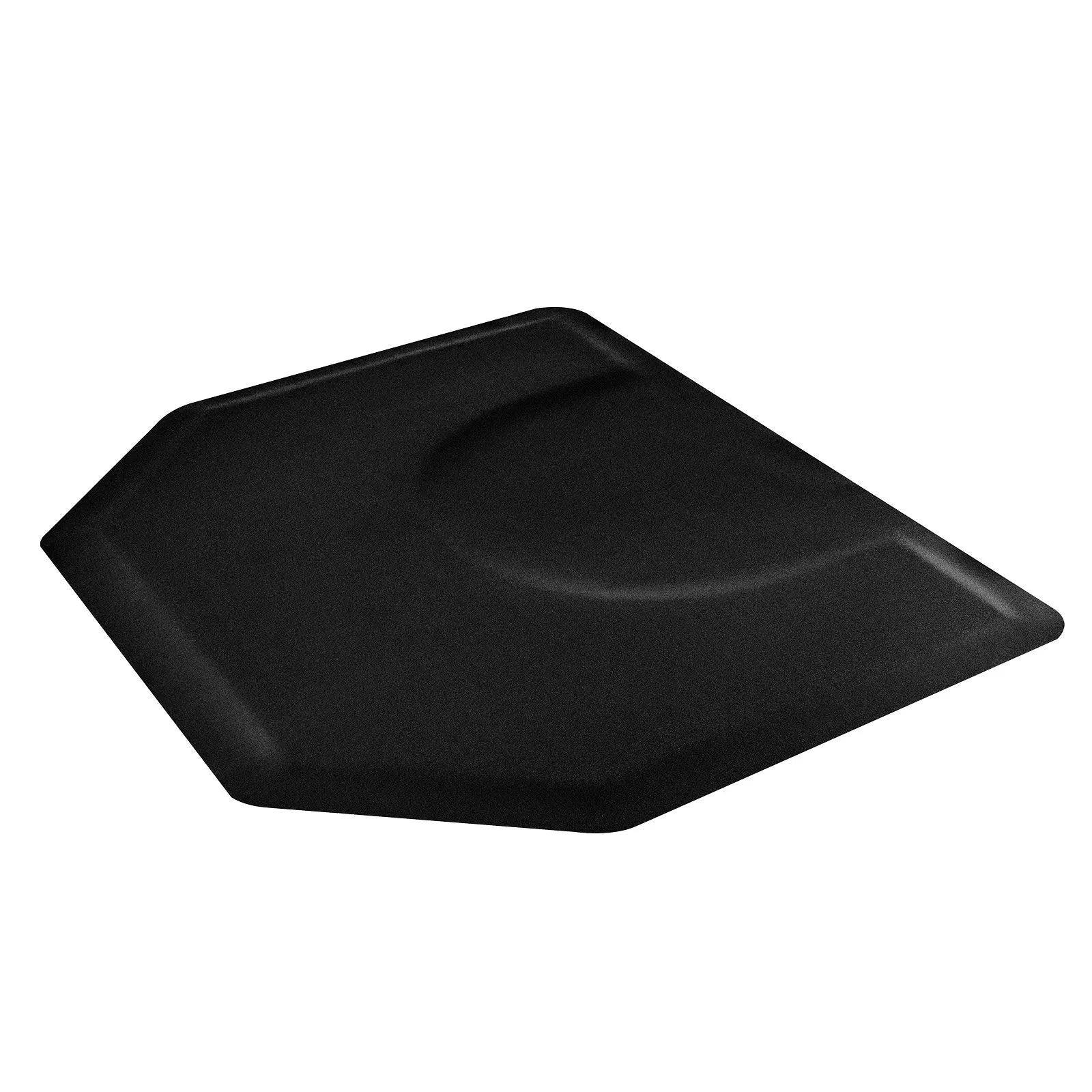 The Karma Anti-Fatigue Barber Mat features a heavy-duty, extra-long black hexagonal design with a circular indentation to fit standard hydraulic chair bases.