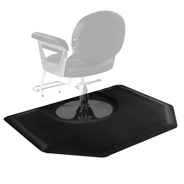 The Karma Anti-Fatigue Barber Mat features a heavy-duty, extra-long black hexagonal design with a circular indentation to fit standard hydraulic chair bases.