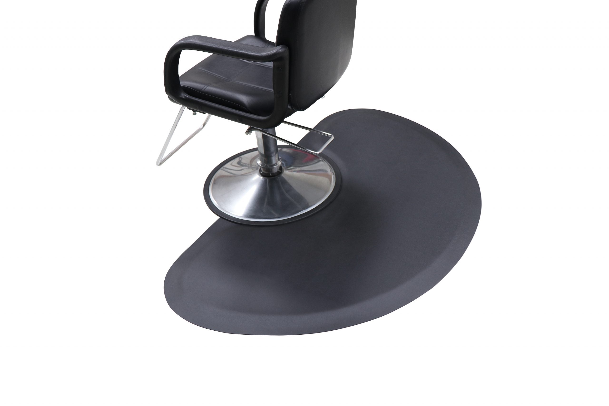 The Karma Semi-Circular Anti-Fatigue Salon Mat features a 15mm thick, high-density black cushioned dome with a dedicated semi-circular cutout for hydraulic chair bases.