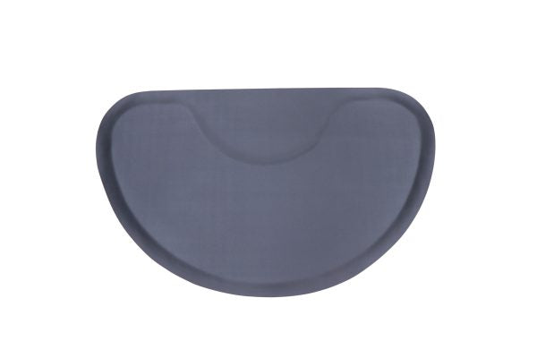 The Karma Semi-Circular Anti-Fatigue Salon Mat features a 15mm thick, high-density black cushioned dome with a dedicated semi-circular cutout for hydraulic chair bases.