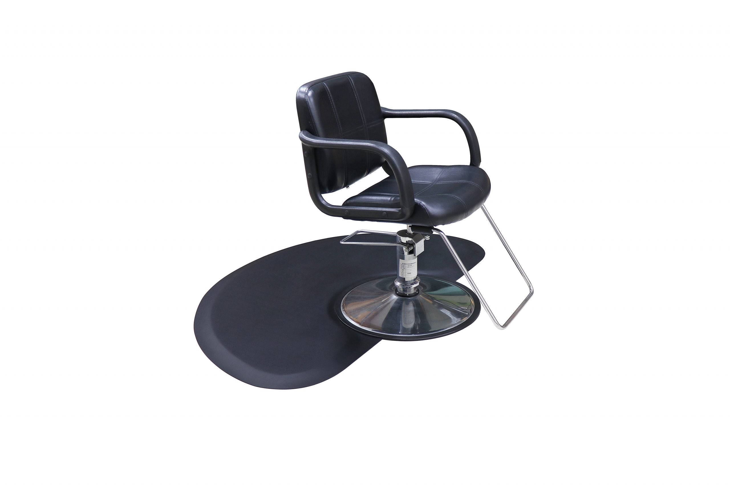The Karma Semi-Circular Anti-Fatigue Salon Mat features a 15mm extra-thick black cushioned dome with a dedicated inner round base cutout for hydraulic salon chairs.