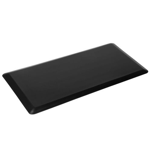 The Karma Large Rectangular Anti-Fatigue Salon Mat features a durable, non-porous matte black polyurethane surface with bevelled safety edges and a non-slip base.