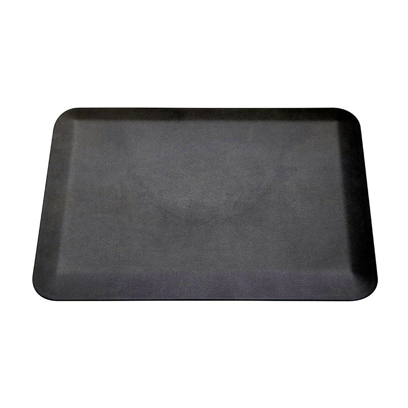 The Karma Small Rectangular Anti-Fatigue Salon Mat features a durable, non-porous matte black polyurethane surface with low-profile bevelled safety edges and a high-traction non-slip base.