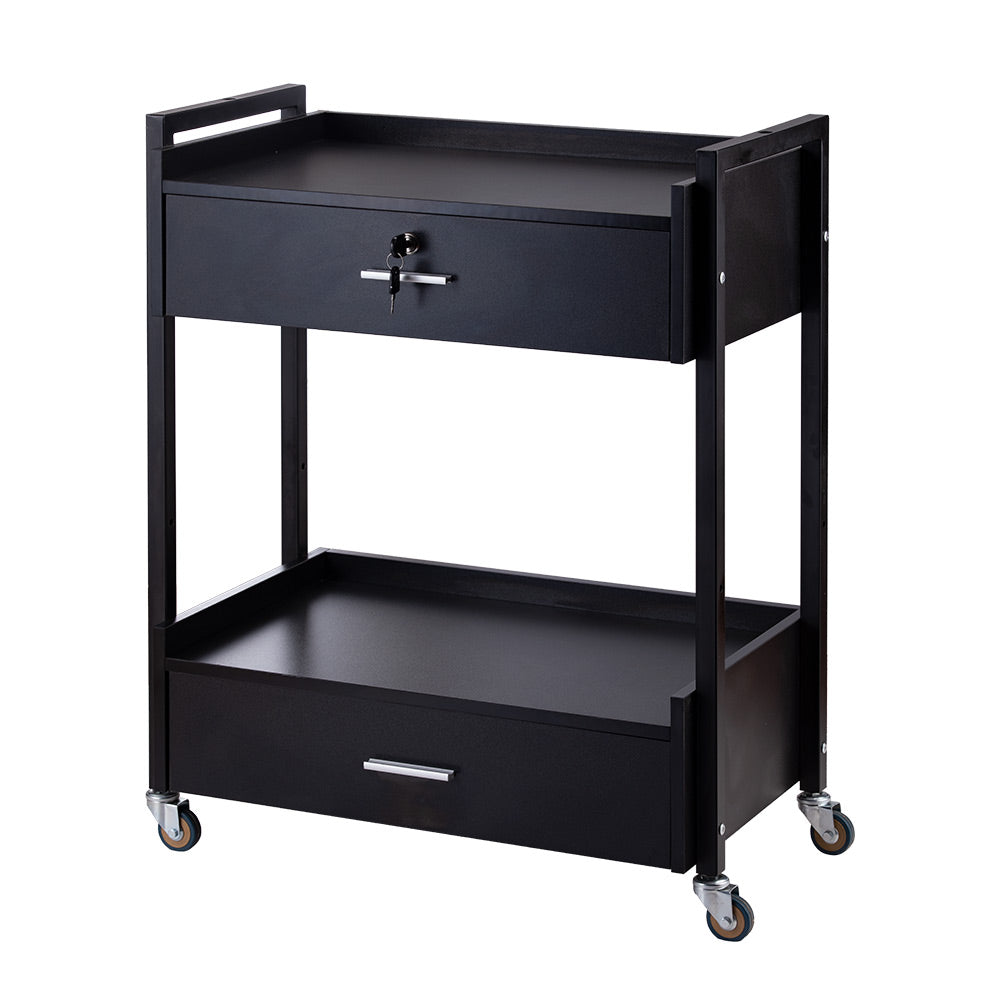The Karma Bakewell Beauty Trolley is a professional black salon station featuring a powder-coated frame, two melamine drawers with smooth glides, and high-quality rubber castors.