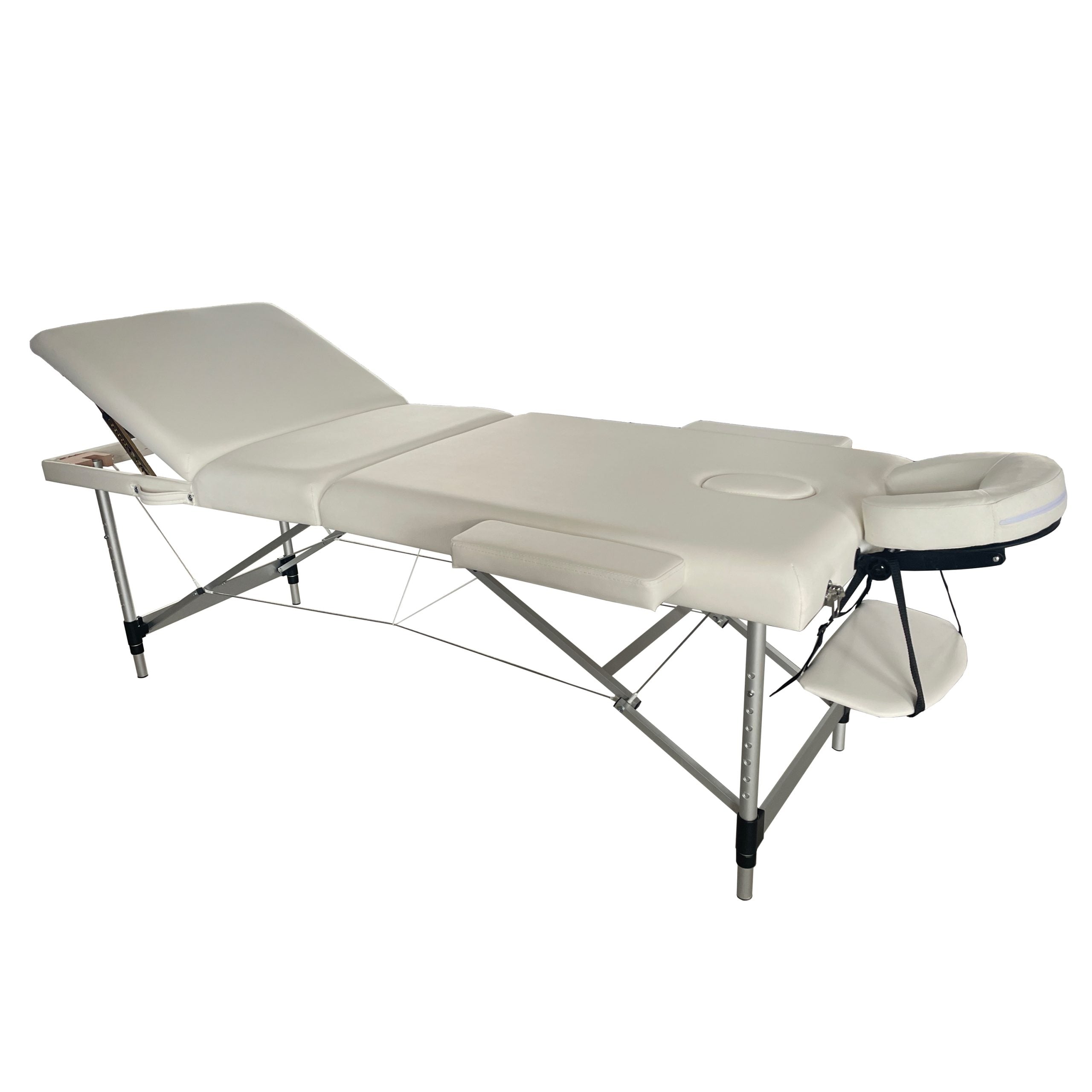 The Karma Bluff is a three-section foldable massage table with lightweight aluminium legs, a raised backrest, and integrated face hole for mobile beauty and massage services.