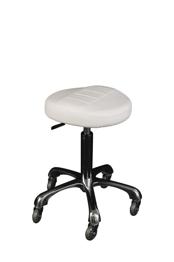 The Karma Burnie is a professional  ergonomic salon stool featuring a raised-centre round seat, polished aluminium base, and hair-free rollerblade wheels.