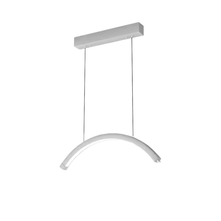 The Karma Ceiling Mounted LED Half Moon Light  is a 28-inch overhead curved arc treatment lamp suspended by adjustable dual-wire cables.