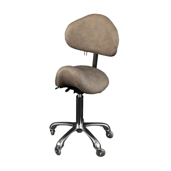 The Karma Cradle Mountain Saddle Stool features a sand ergonomic saddle seat, adjustable backrest, and a polished aluminium 5-star base with hair-free rollerblade wheels.