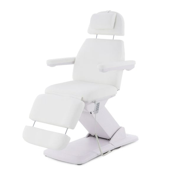 The Karma Dunedin is a premium white 3-motor electric beauty and medical treatment table featuring an adjustable headrest and antimicrobial vinyl.