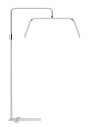 The Karma Foldable Half Moon Beauty Light features a 36-inch multi-panel adjustable LED head with rose gold accents on a telescopic flat-base floor stand.