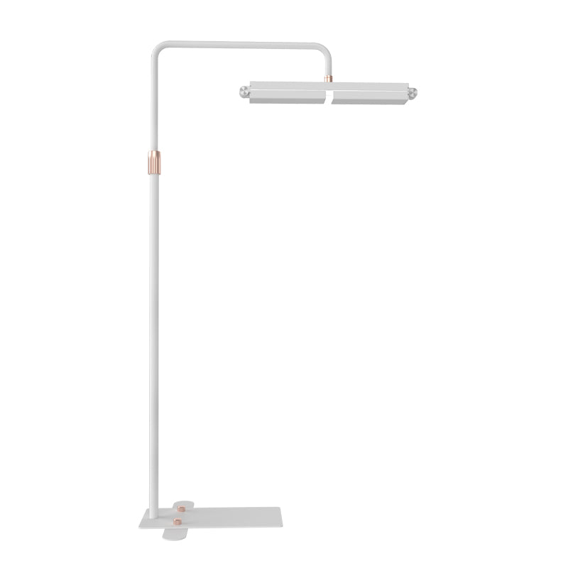 The Karma Foldable Half Moon Beauty Light features a 36-inch multi-panel adjustable LED head with rose gold accents on a telescopic flat-base floor stand.