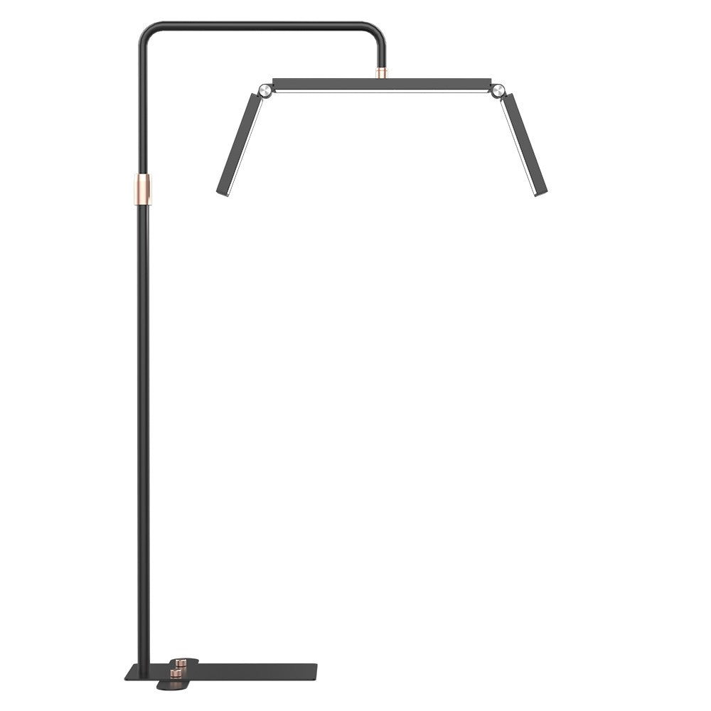 The Karma Foldable Half Moon Beauty Light features a 36-inch multi-panel adjustable LED head with rose gold accents on a telescopic flat-base floor stand.