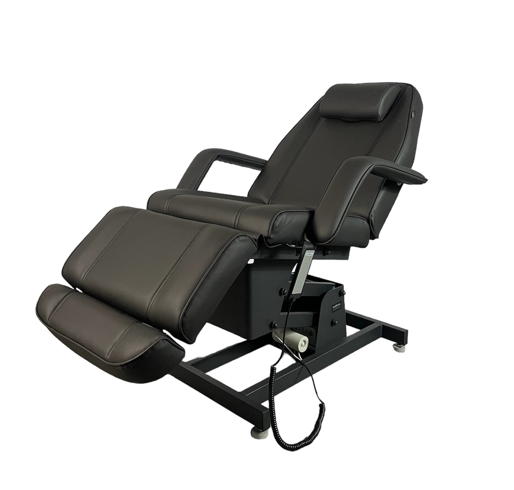 The Karma Hamilton V2 is a part-electric beauty bed featuring a sturdy pedestal base, removable armrests, and an adjustable headrest with a face hole.