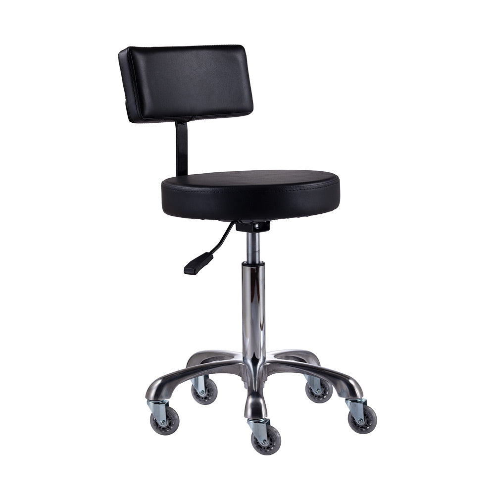 The Karma Hobart Professional Salon Stool features a black round cushioned seat, lumbar backrest, and a polished aluminium base with specialized hair-free rollerblade wheels.