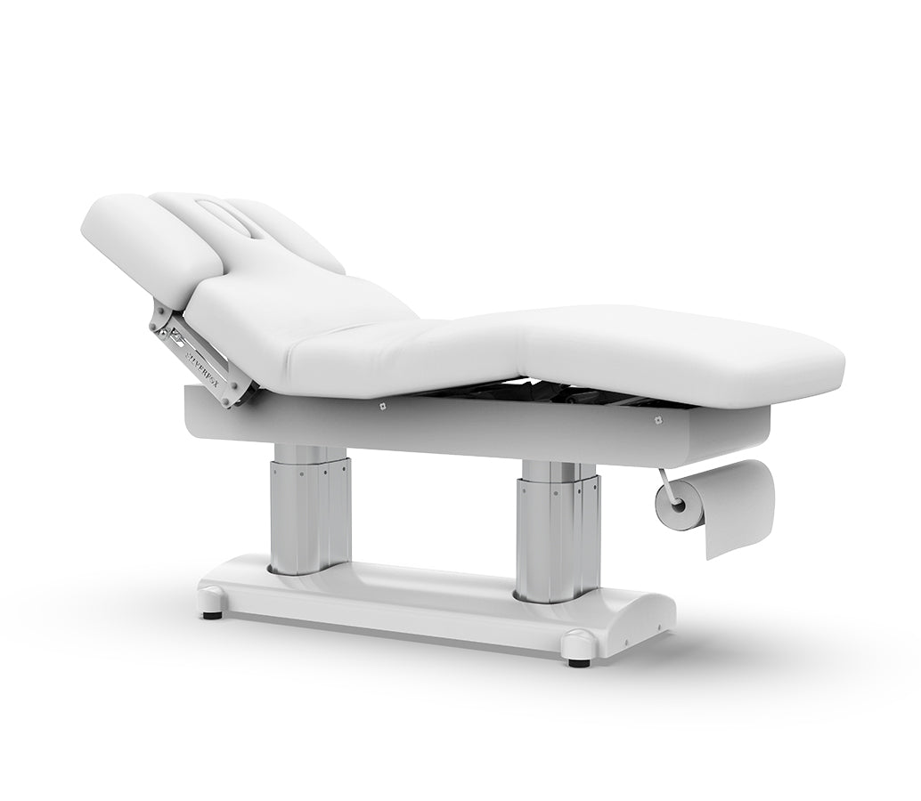 The Karma Hunterville (3-240H5154200357.jpg) is a premium white 4-engine electric beauty bed featuring dual-column lifting, integrated heating, and a built-in breath hole for professional spa treatments.
