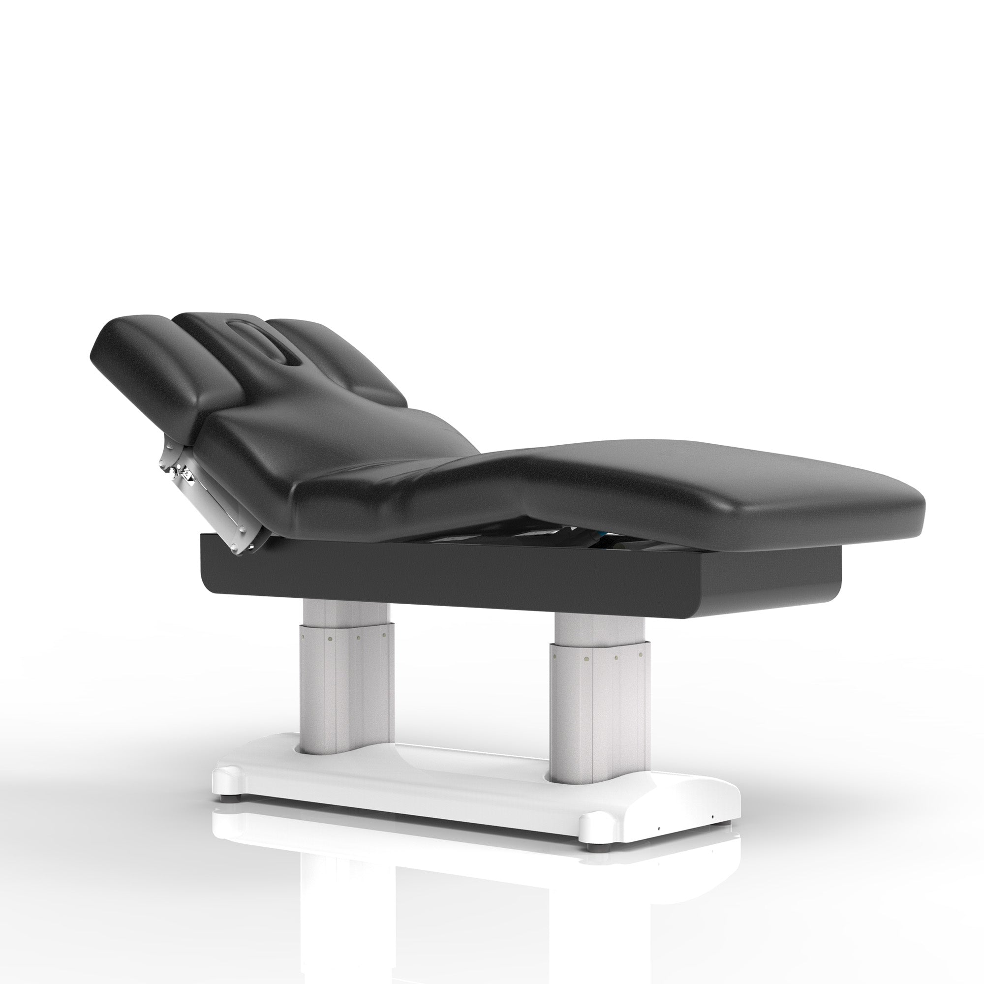 The Karma Hunterville (file 2249-A66.jpg) is a charcoal 4-motor electric beauty bed featuring a dual-column lifting system, adjustable headrest with breath hole, and integrated heating for professional salon treatments.