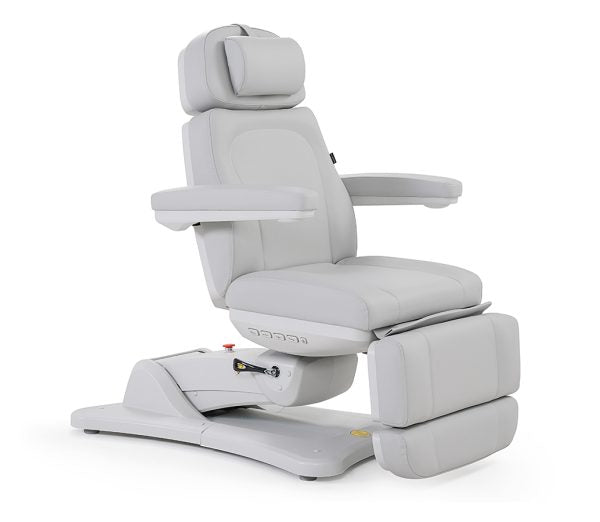 The Karma Inglewood is a premium white 4-motor electric beauty bed featuring a 240-degree swivel base and medical-grade antimicrobial vinyl.