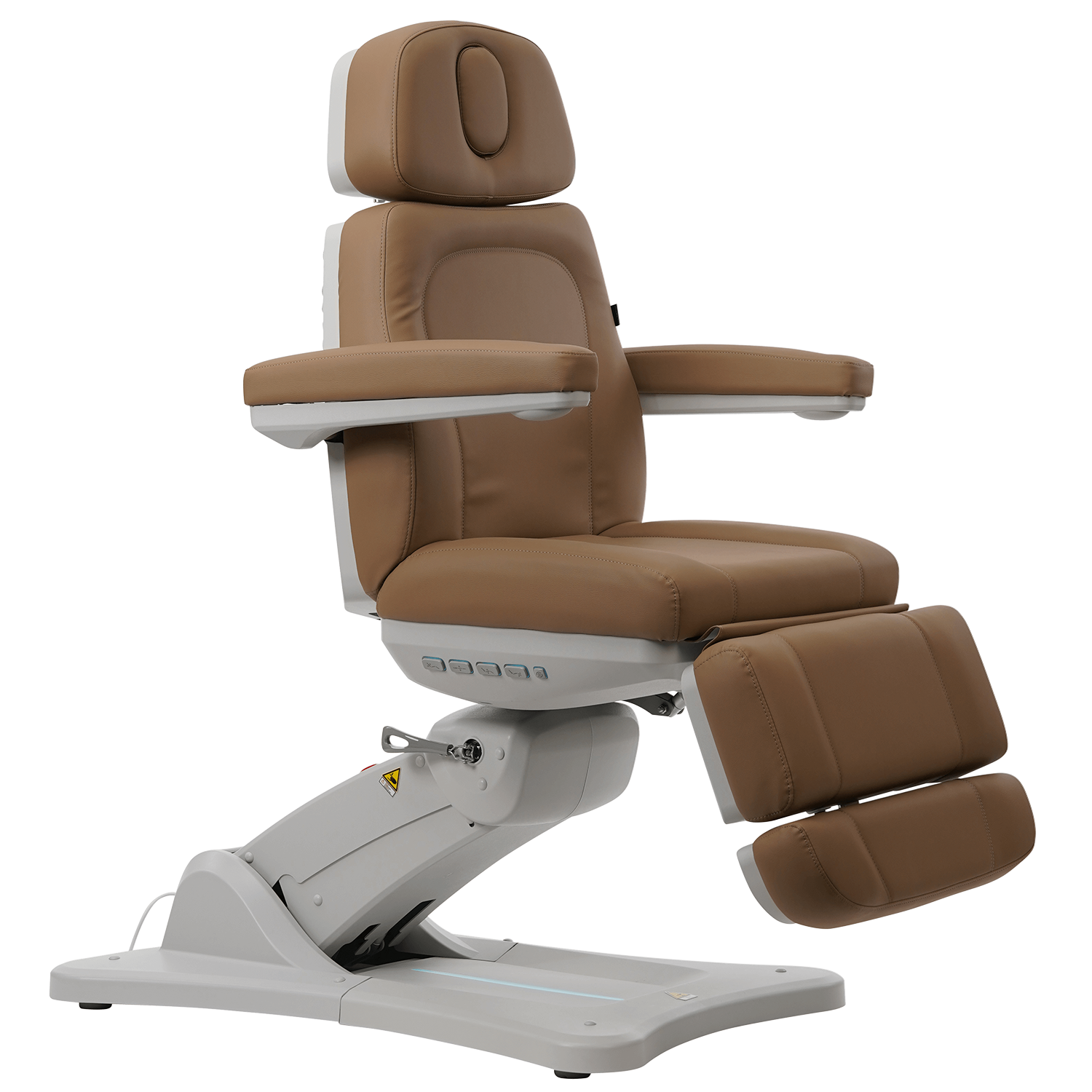The Karma Inglewood Beauty Bed in Sand upholstery, featuring a 4-motor electric system, dual-column lift, and 240-degree swivel base for professional clinical use.