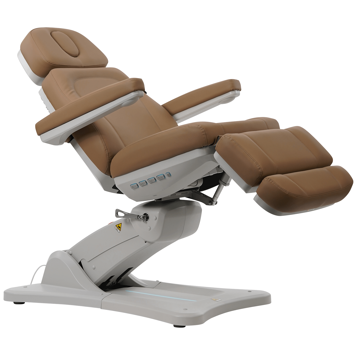 The Karma Inglewood Beauty Bed in Sand upholstery, featuring a 4-motor electric system, dual-column lift, and 240-degree swivel base for professional clinical use.