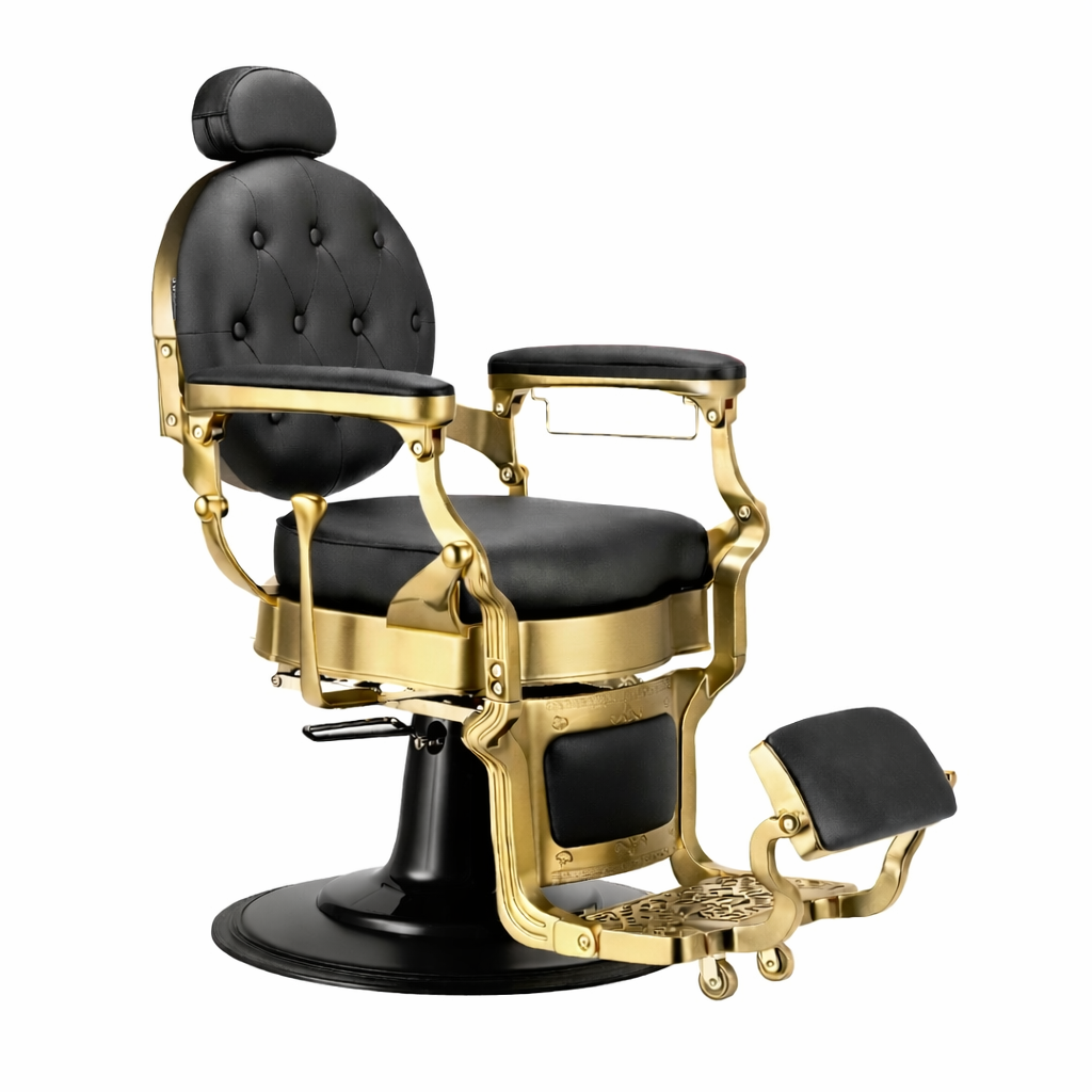 The Karma Mackay Barber Chair  features a vintage tufted black leatherette seat, gold heavy-duty frame, and a reclining backrest with adjustable headrest.