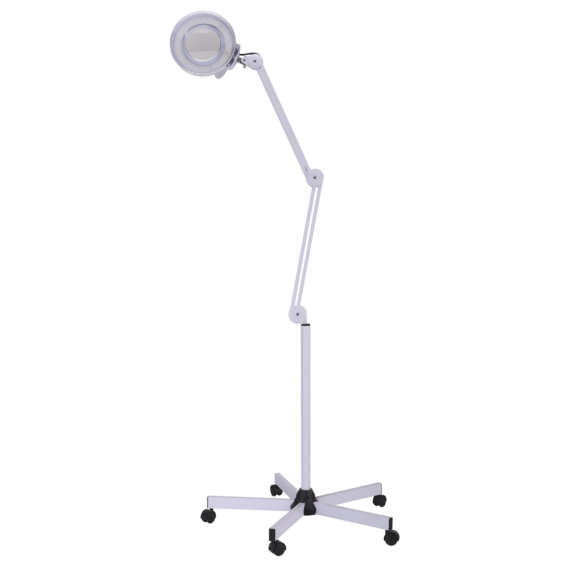 The Karma Magi LED Lamp is a 5 diopter magnifying ring light featuring an adjustable spring-balanced metal arm and a heavy-duty table C-clamp.