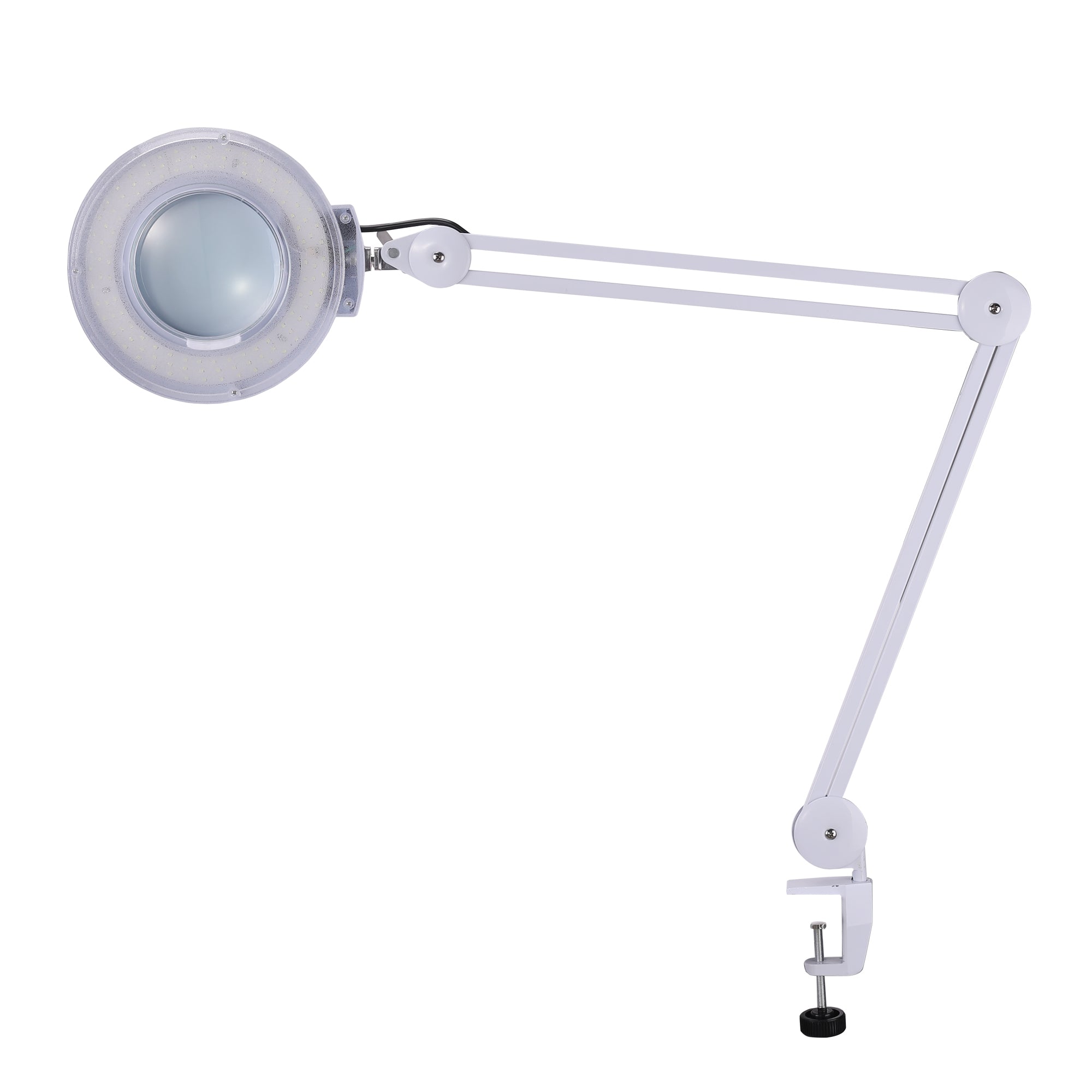The Karma Magi LED Lamp is a 5 diopter magnifying ring light featuring an adjustable spring-balanced metal arm and a heavy-duty table C-clamp.
