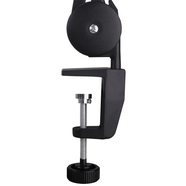 The Karma Magi LED Lamp is a 5 diopter magnifying ring light featuring an adjustable spring-balanced metal arm and a heavy-duty table C-clamp.