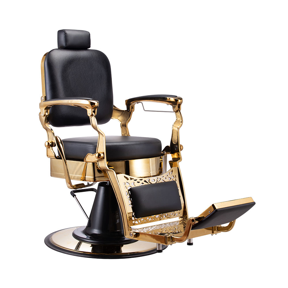 The Karma Noosa (050A4086-.jpg) is a luxury black and gold barber chair featuring intricate metalwork, reclining backrest, and heavy-duty hydraulic lift.