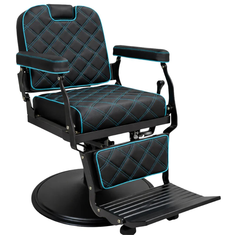 The Karma Paddington barber chair  features black diamond-quilted upholstery with turquoise blue contrast stitching, a heavy-duty gold-standard hydraulic base, and a solid steel frame.