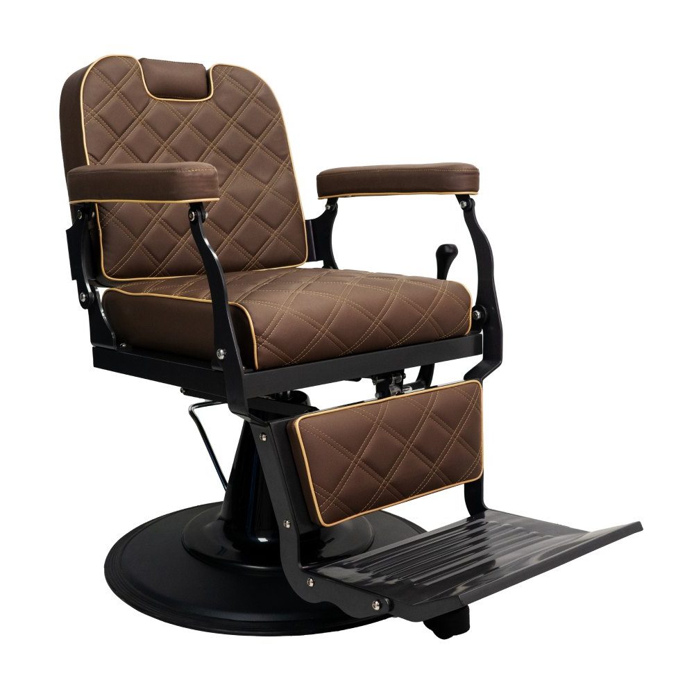 The Karma Paddington barber chair features deep brown diamond-quilted upholstery with black hardware and a heavy-duty hydraulic base.