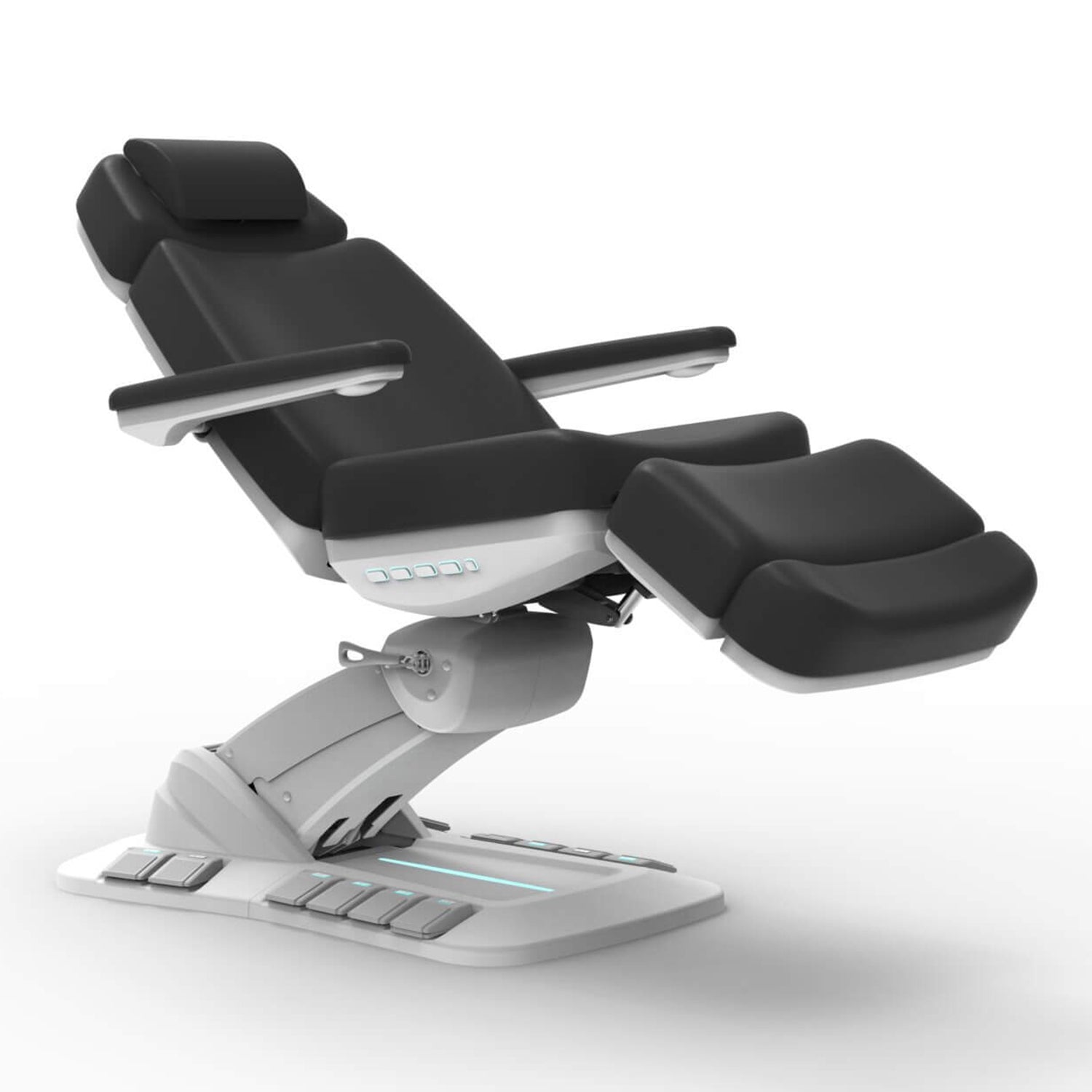 The Karma Queenstown Electric Beauty Bed  in charcoal and white, featuring a pedestal base with LED accents and side control panels for professional medical aesthetic treatments.