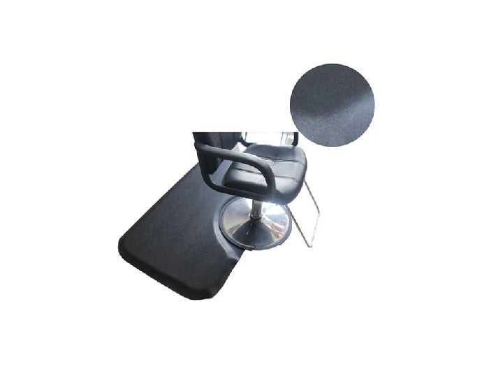The Karma Rectangular Anti-Fatigue Barber Mat features a 15mm extra-thick black cushioned design with a semi-circular cutout tailored for standard hydraulic salon chair bases.