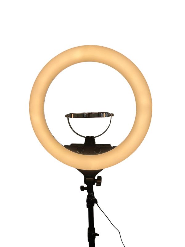 The Karma Ring Beauty Light is an 18-inch black LED ring light mounted on an adjustable floor tripod stand with a built-in central mirror interface.
